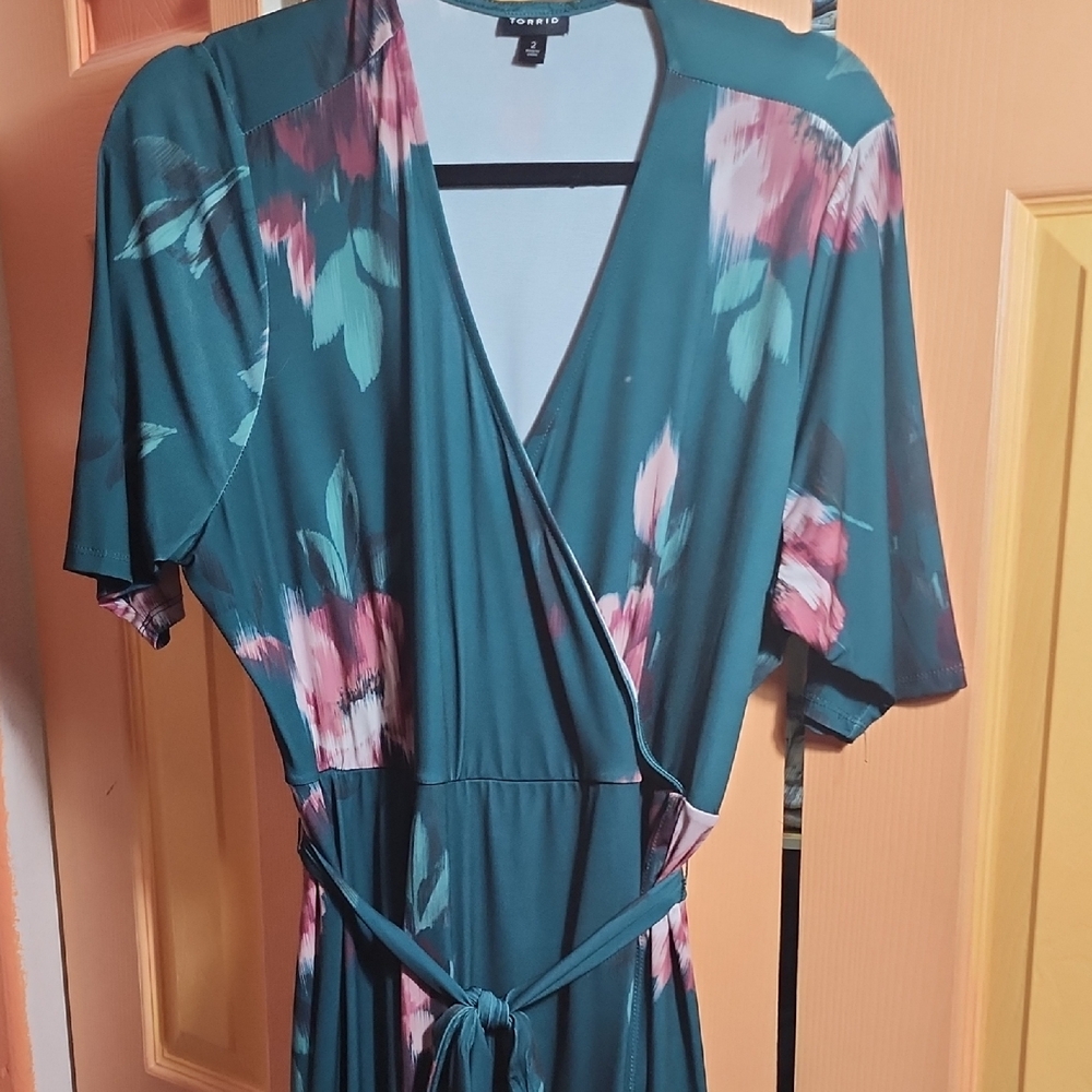 Torrid Teal Floral Wrap Dress with Pink Accents